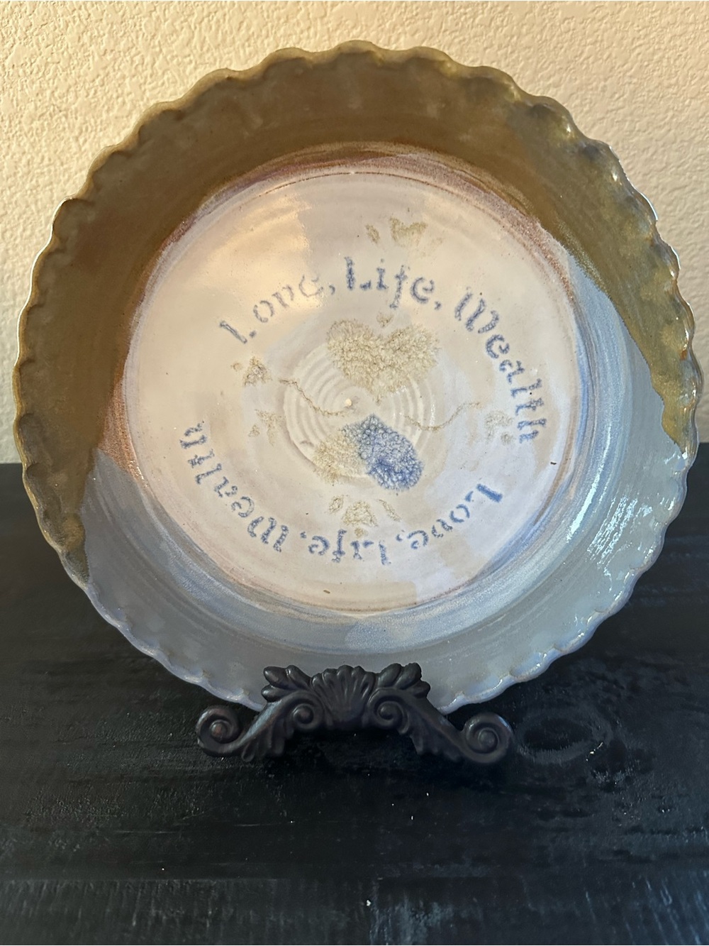 Handmade Glazed Ceramic Decorative Plate - Beige and White that says, Love, Life